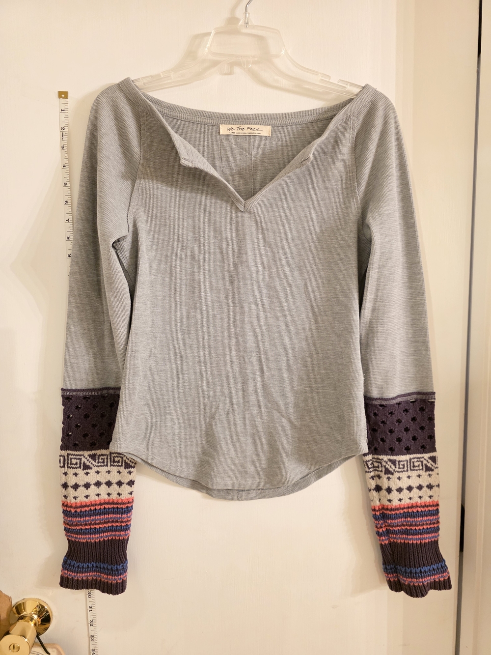 We The Free Women's Gray Pullover Top with Patterned Sleeves